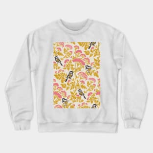 Hemlock with Chickadee Birds in Pink and Mustard Yellow Floral Repeat Pattern Crewneck Sweatshirt